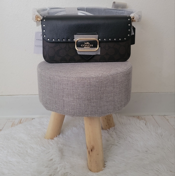 Coach Handbags - NWT Coach Morgan Black Brown Signature Canvas Gold Stud Rivets Shoulder Bag